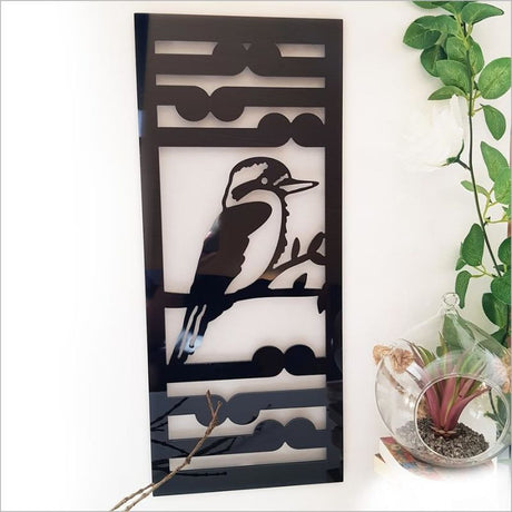 Elegant Kingfisher and koru wall art panel in black ACM, 55cm tall, perfect for indoor and outdoor decoration.