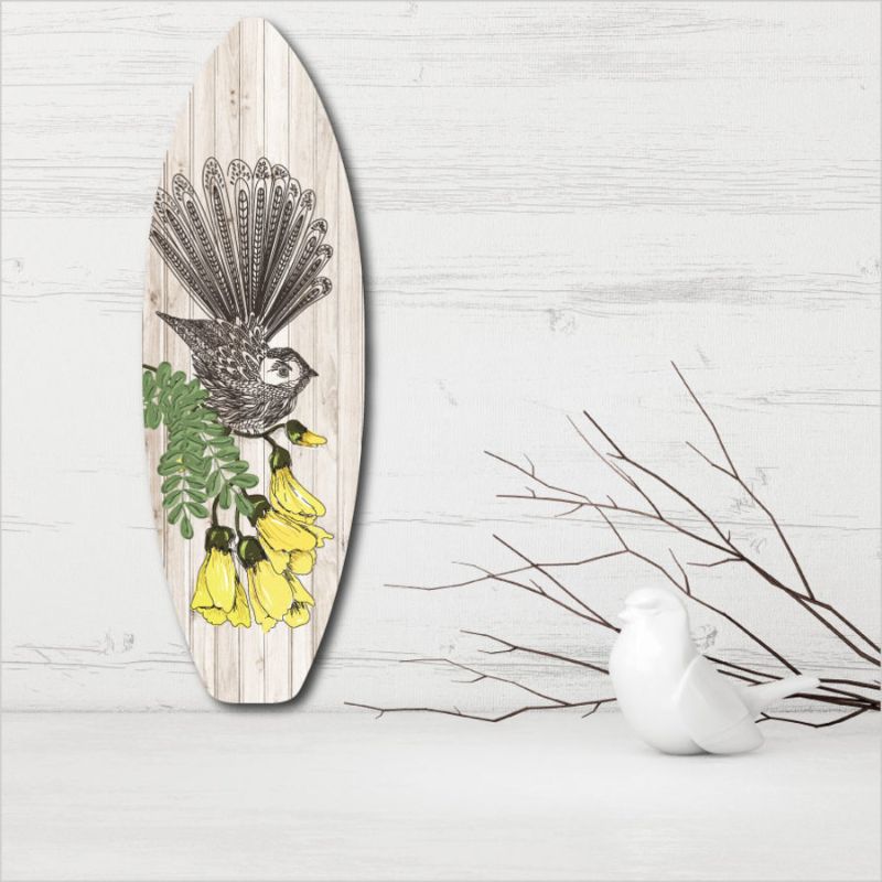 Eco-friendly Ply Surfboard Art featuring a Zentangle Fantail design, perfect for beach-themed decor and easy to hang.