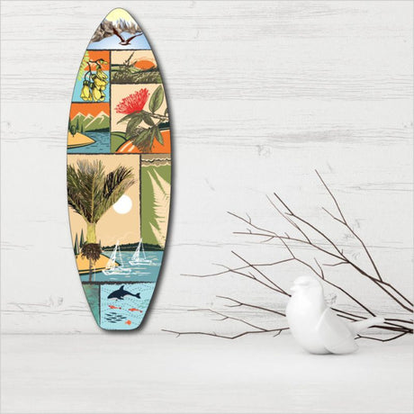 Ply Surfboard Art featuring a New Zealand scene, crafted from eco-friendly pine plywood, perfect for coastal-inspired decor.