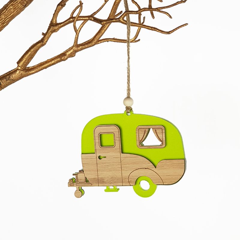 Lime green satin acrylic hanging ornament shaped like a caravan, crafted from laser-cut bamboo, elegantly designed for home decor.