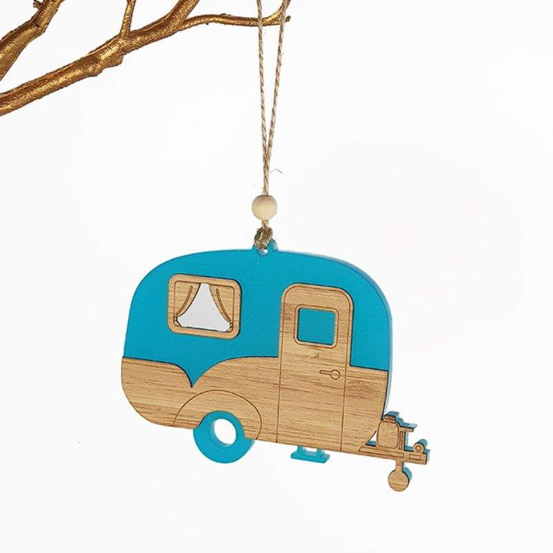 Teal satin acrylic hanging ornament in a caravan shape, featuring laser-cut bamboo design, perfect for decor or gifting.