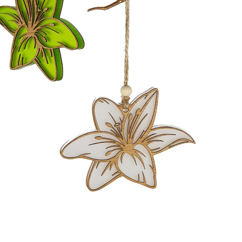 Lime green satin acrylic hanging ornament in lily design, perfect for festive decor and thoughtful gifts.