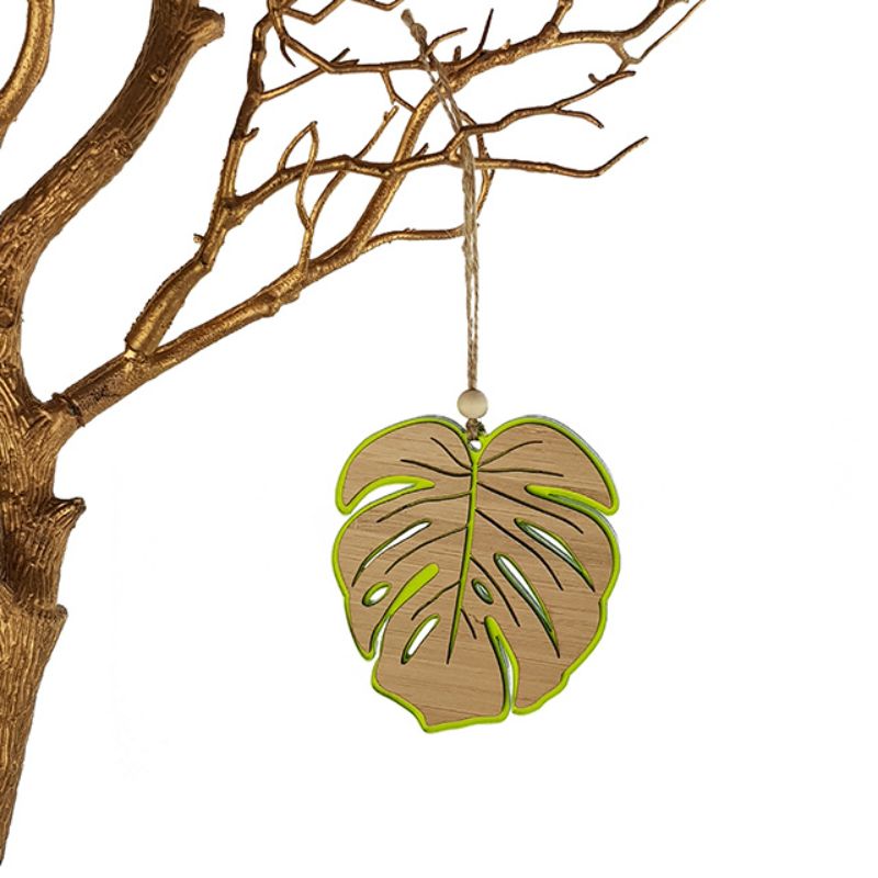 Lime green Monstera hanging ornament in satin acrylic, perfect for modern decor and plant lovers, measuring 104mm x 90mm.