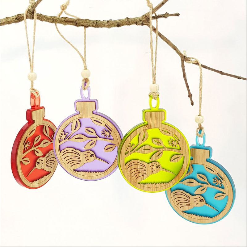 Hanging Ornament - Acrylic Bauble Kiwi on Pohutukawa (Lime Green Satin Acrylic)