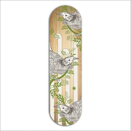 Vibrant 50cm ACM Printed Skateboard Art featuring a detailed Tui bird, perfect for indoor or outdoor decor.