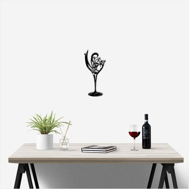 Elegant black wine glass wall art, crafted from durable Aluminium Composite, perfect for indoor or outdoor decor.