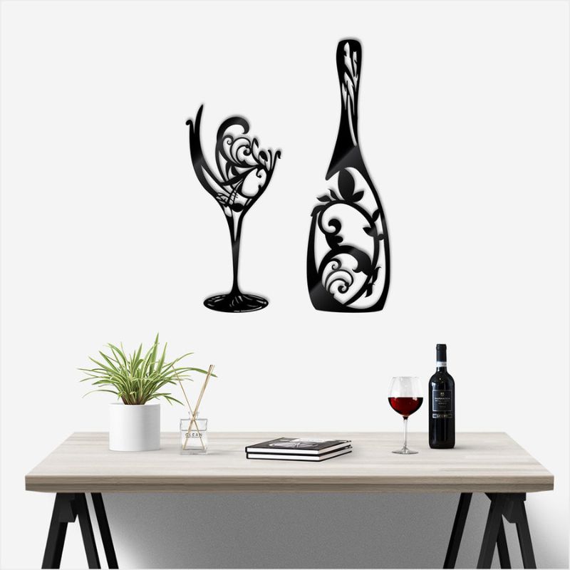 Large black wine glass wall art, 60cm tall, crafted from durable ACM, perfect for modern home decor and wine lovers.