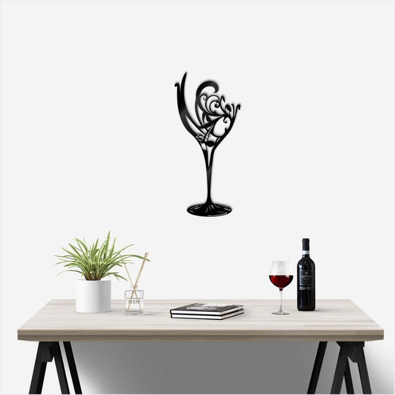 Large black wine glass wall art, 60cm tall and 27.5cm wide, crafted from durable ACM for modern home decor.