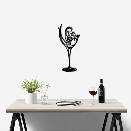 Large black wine glass wall art, 60cm tall and 27.5cm wide, crafted from durable ACM for modern home decor.