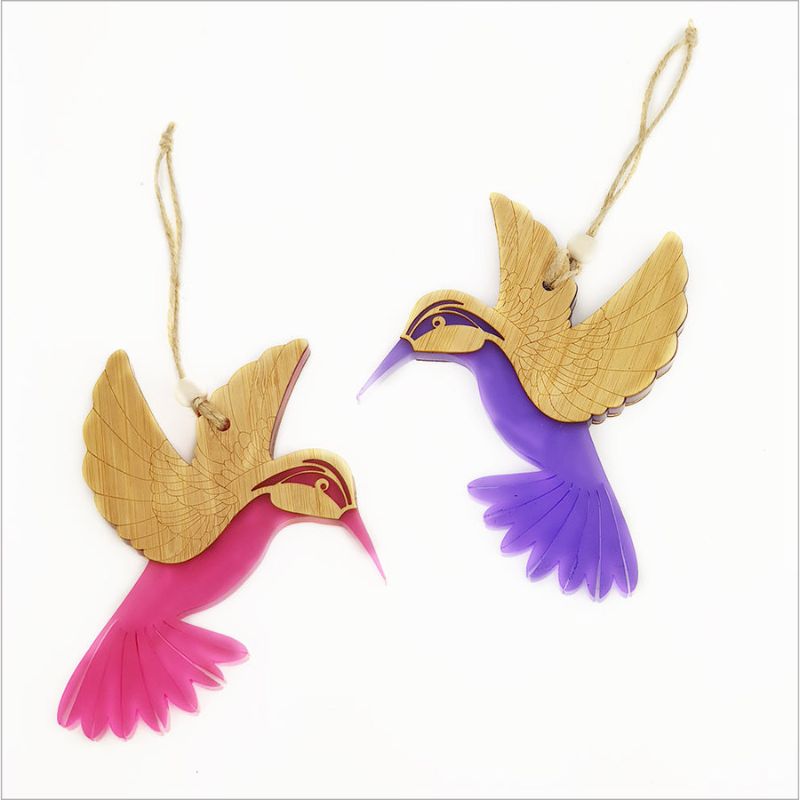 Purple satin acrylic hummingbird ornament, laser-cut bamboo, perfect for home decor or as a thoughtful gift.