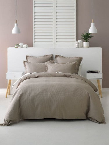 King Duvet Cover Set in Taupe, featuring textured design and soft cotton, includes cover and two pillowcases.