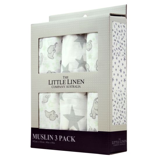Little Linen Muslin 3pk - Mint Elephant - Little Linen