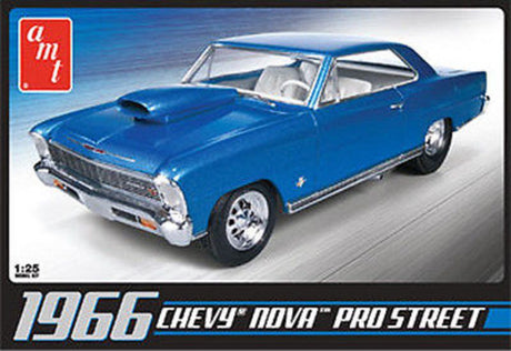 1/25 scale unassembled plastic kit of a 1966 Chevy Nova Pro Street by AMT, requires glue and paint to complete.