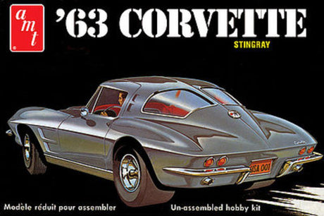 1/25 scale plastic kit of a 1963 Chevrolet Corvette by AMT, unassembled and requires glue and paint.