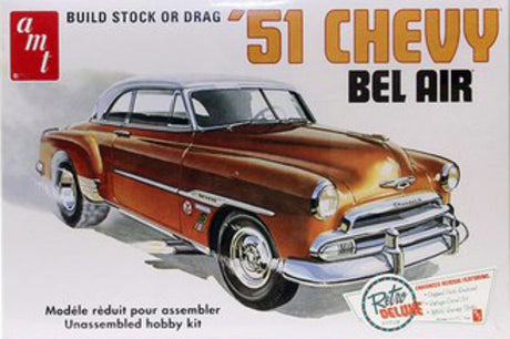 1/25 scale plastic model kit of a 1951 Chevrolet Bel Air, featuring detailed unassembled parts for customization.