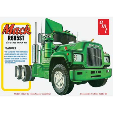 1/25 scale model of the Mack R685ST Truck kit by AMT, featuring detailed parts for assembly and display.