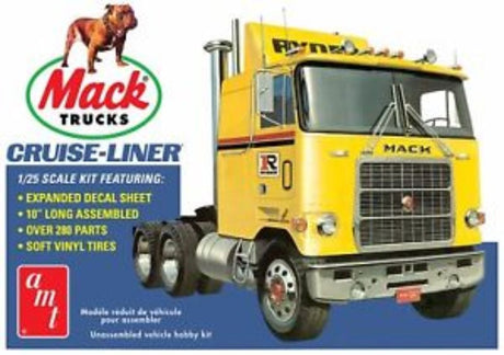 1/25 scale model kit of the iconic Mack Cruise Liner Truck, requiring glue and paint for assembly, perfect for enthusiasts.