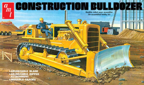 Unassembled 1/20 scale plastic model kit of a construction bulldozer by AMT, perfect for hobbyists aged 10 and up.