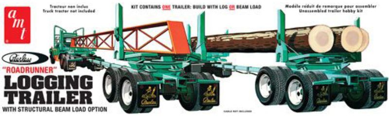 1/25 Peerless Logging Trailer plastic model kit, featuring unassembled parts for custom building and intricate details.