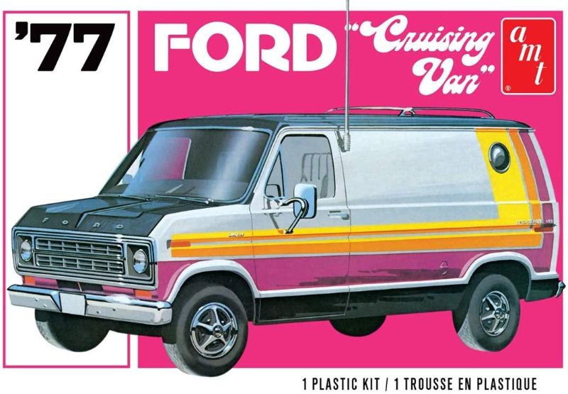 1/25 scale model kit of the 1977 Ford Cruising Van for hobbyists, includes detailed unassembled parts for customization.