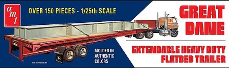 Detailed 1/25 Great Dane Flatbed Trailer plastic model kit for hobbyists, requiring glue and paint for assembly.