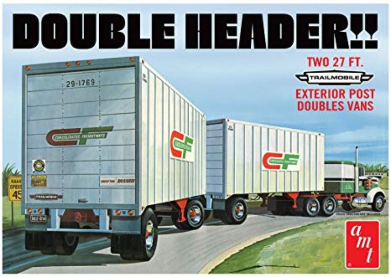 1/25 scale plastic kit of AMT Tandem Van Trailers for model enthusiasts; unassembled, requires glue and paint.