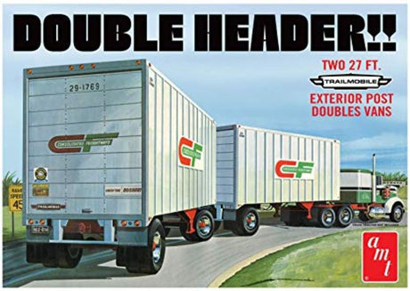 1/25 scale plastic kit of AMT Tandem Van Trailers for model enthusiasts; unassembled, requires glue and paint.