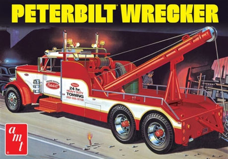 1/25 scale model kit of Peterbilt 359 Wrecker by AMT, highlighting intricate details for hobbyists and collectors.