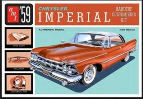 1/25 scale plastic model kit of a 1959 Chrysler Imperial by AMT, requires glue and paint for assembly.