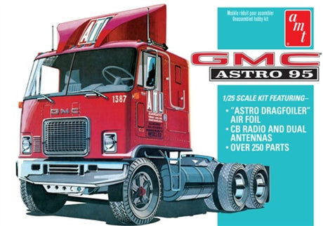 1/25 scale plastic model kit of the GMC Astro 95 Semi Tractor by AMT, perfect for hobbyists aged 10 and up.