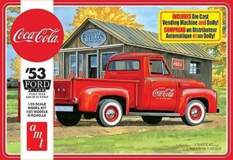1/25 scale plastic model kit of a 1953 Ford Pickup featuring classic Coca-Cola branding, perfect for collectors.