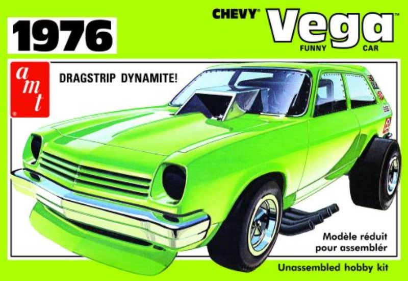 Unassembled 1/25 scale model kit of the 1976 Chevy Vega Funny Car for drag racing enthusiasts and hobbyists.
