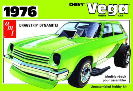 Unassembled 1/25 scale model kit of the 1976 Chevy Vega Funny Car for drag racing enthusiasts and hobbyists.