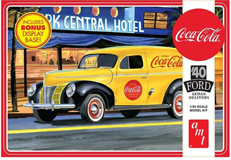 1/25 scale plastic model kit of a 1940 Ford Sedan Delivery featuring Coca-Cola branding, ideal for collectors and hobbyists.