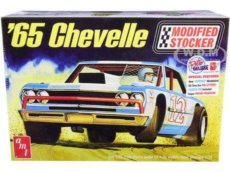1/25 scale plastic kit of 1965 Chevy Chevelle Modified Stocker for model building enthusiasts, requires glue and paint.