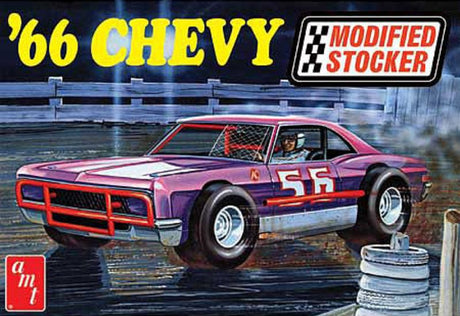 Unassembled 1/25 scale model kit of a 1966 Chevy Impala, designed for customization with paint and glue.