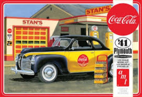 Unassembled 1/25 scale model kit of the 1941 Plymouth Coupe Coca Cola, designed for hobbyists and collectors.