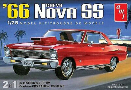 1/25 scale model kit of a 1966 Chevy Nova SS, unassembled for building enthusiasts, ideal for display and collection.