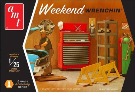 AMT 1/25 Garage Accessory Set #1, unassembled kit with detailed tools, tires, and equipment for model car displays.