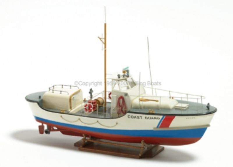 Detailed wooden model kit of the 44-foot US Coast Guard lifeboat, showcasing authentic craftsmanship and design from 1961.