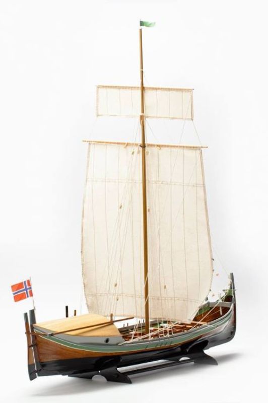 Highly detailed 1/20 scale wooden model of a traditional Norwegian fishing boat, Nordlandsbaaden, for advanced beginners.