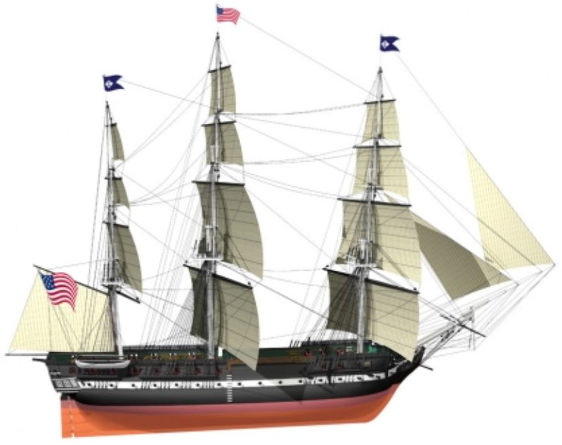 Detailed wooden model of the USS Constitution, a historic three-masted frigate, perfect for collectors and maritime enthusiasts.