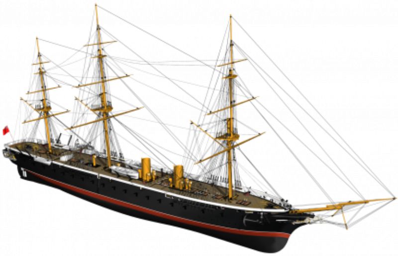 Intricate 1/100 wooden model of the HMS Warrior, the first ironclad warship, by Billing Boats, measuring 147 cm long.
