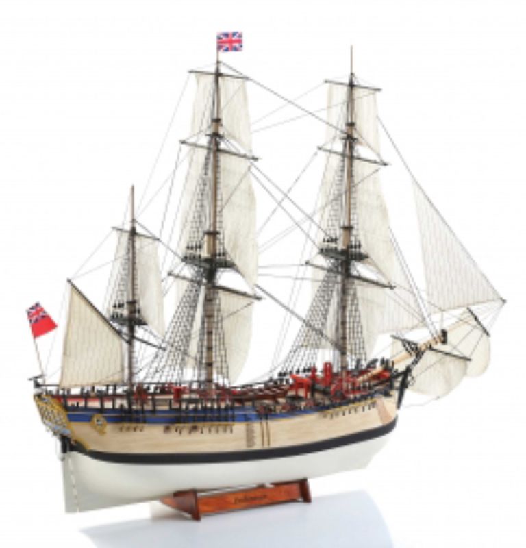 Detailed 1/50 scale wooden model of HMS Endeavour, capturing 18th-century maritime history for hobbyists and collectors.