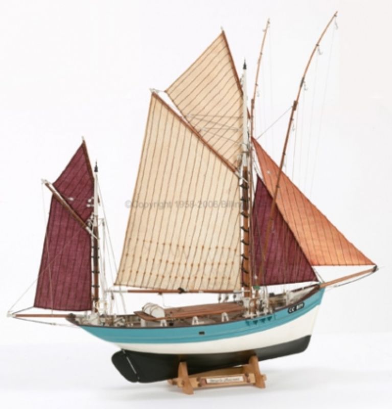 Wooden Ship model kit of 1/50 Marie Jeanne, showcasing dundee fishing vessel design, includes sails and rigging components.