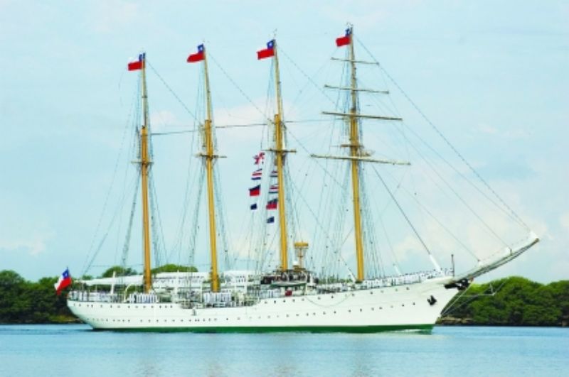 1/100 scale wooden model of the Esmeralda naval training ship, showcasing intricate details and craftsmanship.