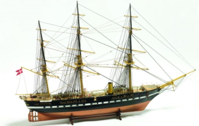1/100 scale model of the historic Jylland frigate, featuring exquisite wooden craftsmanship and intricate detailing.