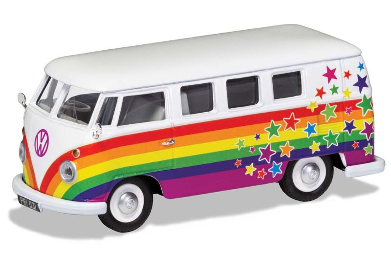 1/43 diecast VW Campervan featuring 'Peace, Love, and Wishes' motif, ideal for collectors and vintage car enthusiasts.