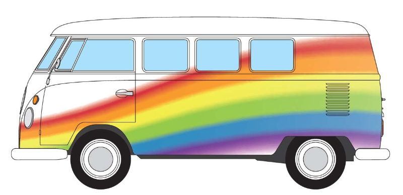 1/43 scale diecast VW Camper van in vibrant rainbow colors, capturing peace and nostalgia for collectors and enthusiasts.