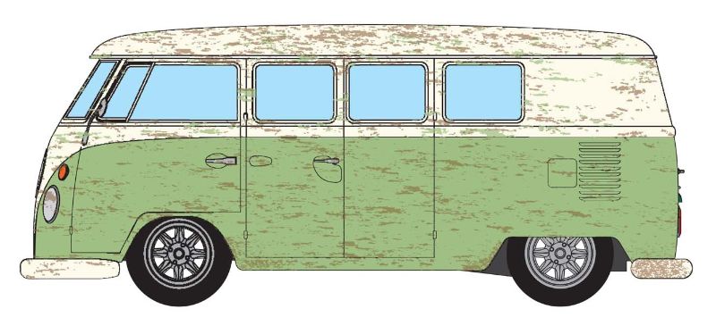 1/43 diecast VW Type 2 Camper in RAT-look design, showcasing rustic charm and intricate details for collectors.